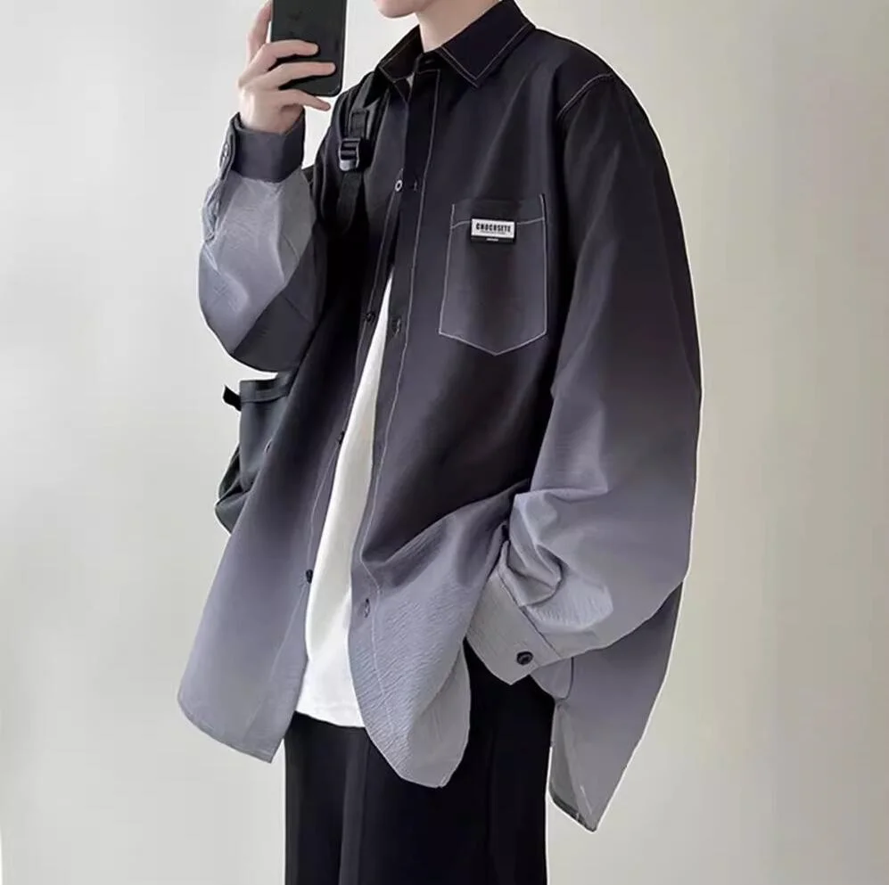 

Men's shirt Gradient Plicated Long Sleeve Shirts Loose Korean Shirt Fashion Casual Oversize Shirt Coat High Quality Clothing