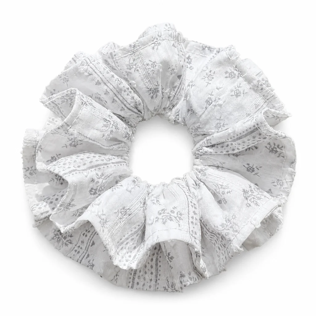 white-gray-ornamental-eyelet-texture-single-layer-scrunchie-handmade-hair-tie-for-women