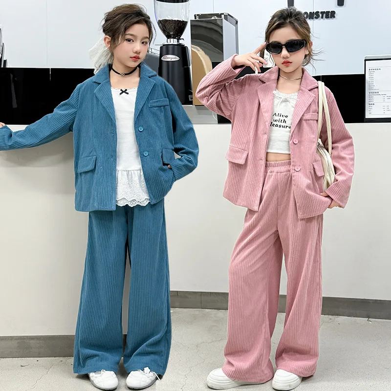 

Детская одежда, весенне-осенний блейзер, топы + брюки, комплекты для девочек, модная вельветовая детская официальная одежда, костюм для девочек-подростков