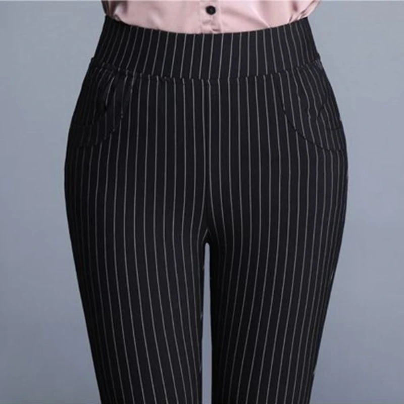 

Leggings Look Slim and Wear Striped Large Size High Waist Stretch Straight Slim Trousers