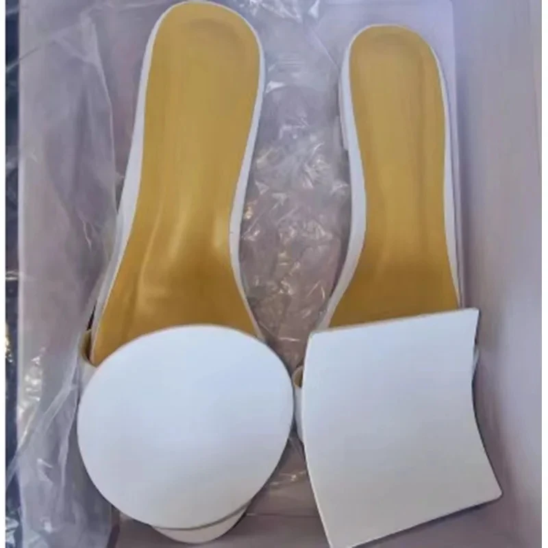 Light Blue Leather Slippers Women Open Toe Round Square Geometry Shape Decor Flats Shoes Woman Fashion Sandals