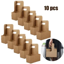 10pcs TTake-out Kraft Paper Cup Holder Clip Disposable Coffee Drink Tray Base with Handle for 2 cup Party Supplies