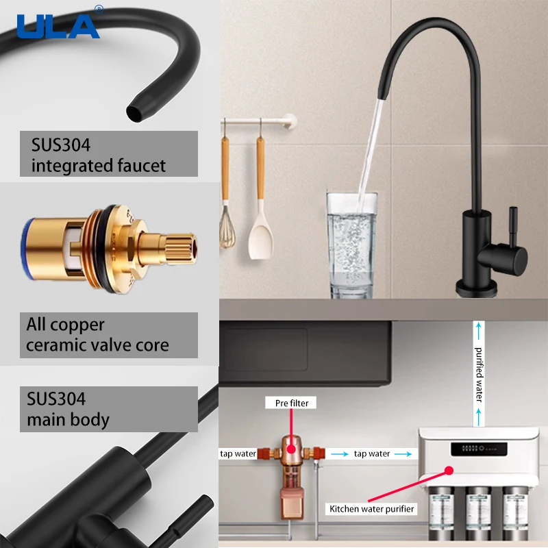 ULA Kitchen Faucet Direct Drinking Tap Black Matte Stainless Steel Kitchen Water Filter Faucet Tap Purify System Reverse Osmosis