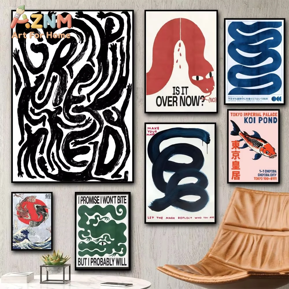 

1pc Classic Abstract Wall Art Japanese Vintage Koi Painting Calligraphy Canvas Poster living room bedroom aesthetic decoration