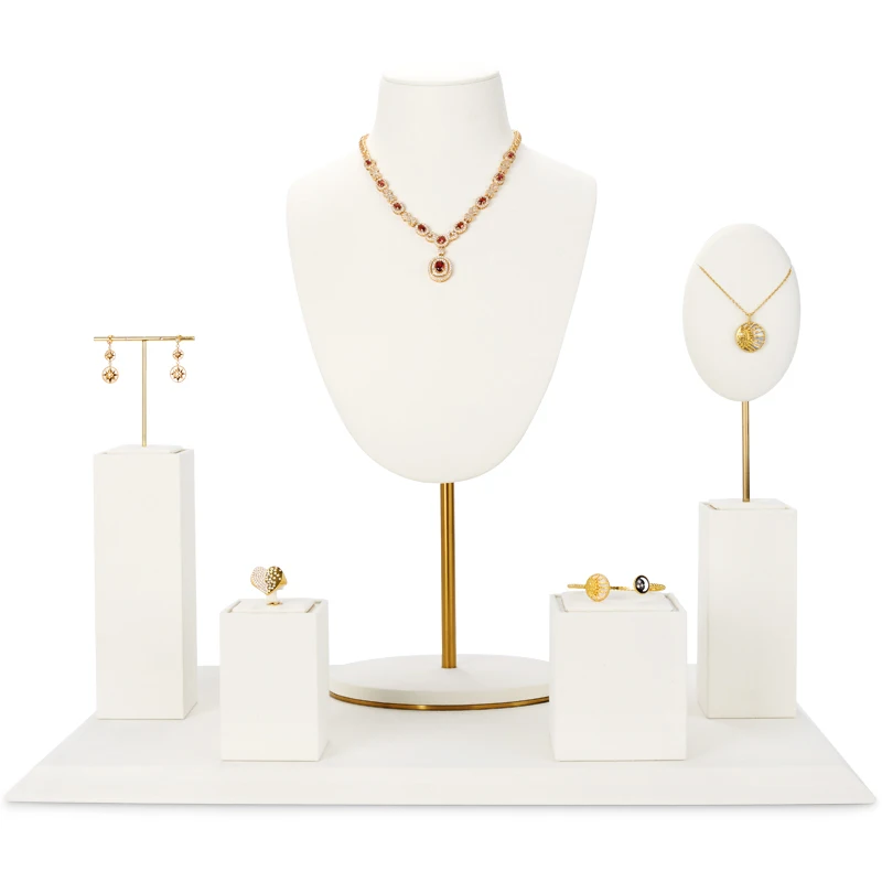 Oirlv Beige Microfiber Jewelry Display Set with Metal Jewelry Exhibit Shop Cabinet for Necklace Display Bust Earrings Bangle