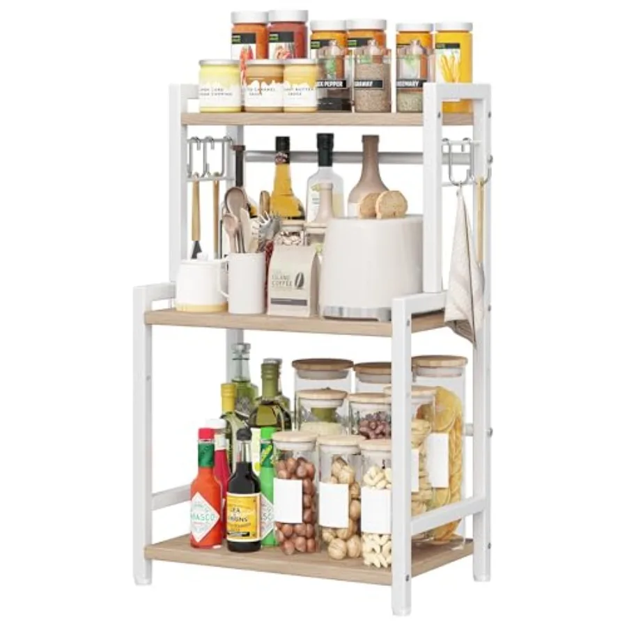 

Kitchen Countertop Organizer, 3 Tier Spice Rack Organizer with Adjustable Shelf and 5 Hooks, Wooden Counter Organizer, Countert
