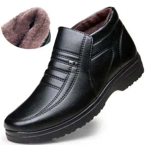 Zapatos de cuero informales impermeables para hombre, Zapatillas altas sin cordones de franela, zapatos cálidos de goma para invierno