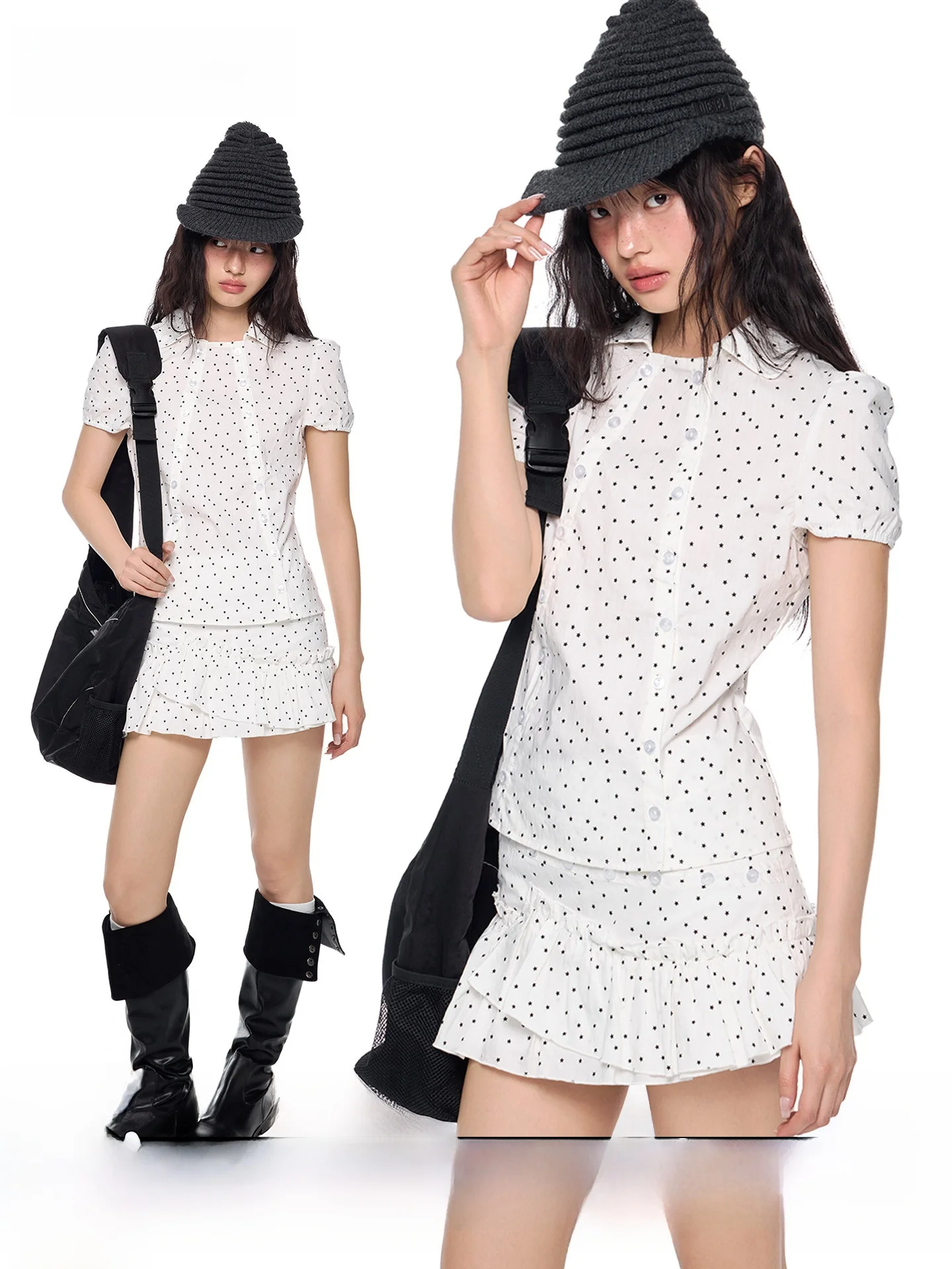 

EZEK Polka Dot Bubble Sleeve Shirt Short Sleeve Women's Summer New Ruffle Hem Halter Neck Cotton Blend Breathable Thin Cotton...