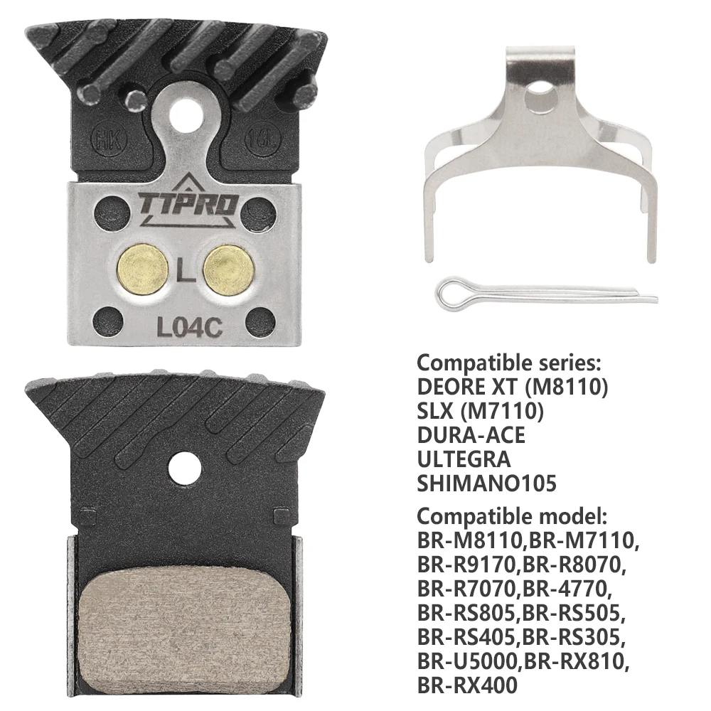 TTPRO SP-L04C Metal Disc Brake Pads with Fin for MTB Road Bike Compatible Deore XT SLX M8100 M7100 R8050 R7100 Bicycle Parts