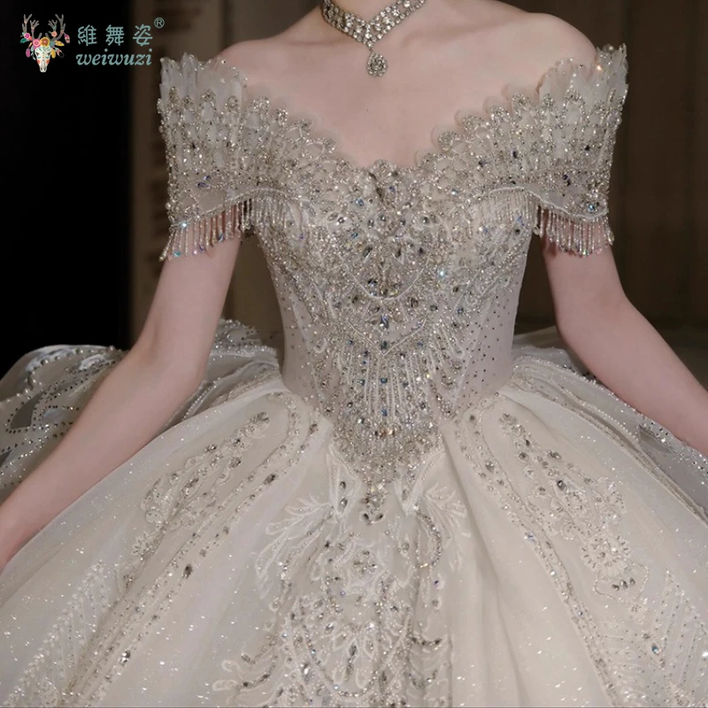 高級プリンセスドレス、ボールガウン、クリスタル、豪華なビーズ刺繍、2025年ラグジュアリーブライダルウェディング、オフショルダー、メインウェディングドレス