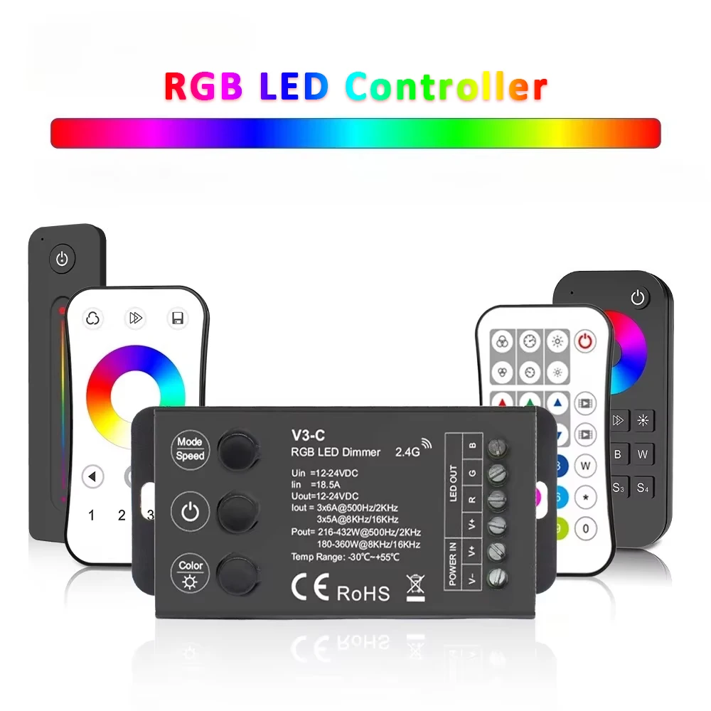 DC 12V 24V RGB LED Controller 3CH PWM Frequency Selectable 2.4G RF Wireless Remote Control for 5050 2835 COB RGB LED Strip Light
