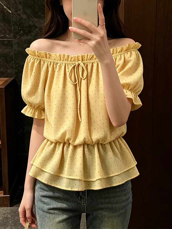 

Yellow Polka Dot One Shoulder Short Sleeve Chiffon Shirt Women's Beautiful Waist Cinching Top Korean Style Commute Fashion