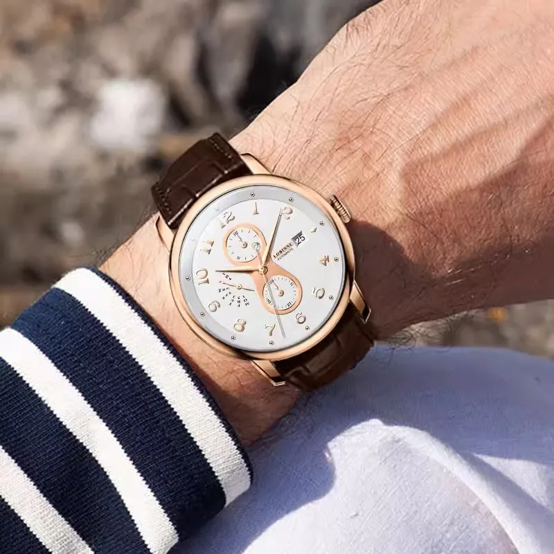 

LOBINNI New Business Multifunctional Automatic Mechanical Watch Genuine Leather Male Watch Sapphire Glass Waterproof Watch