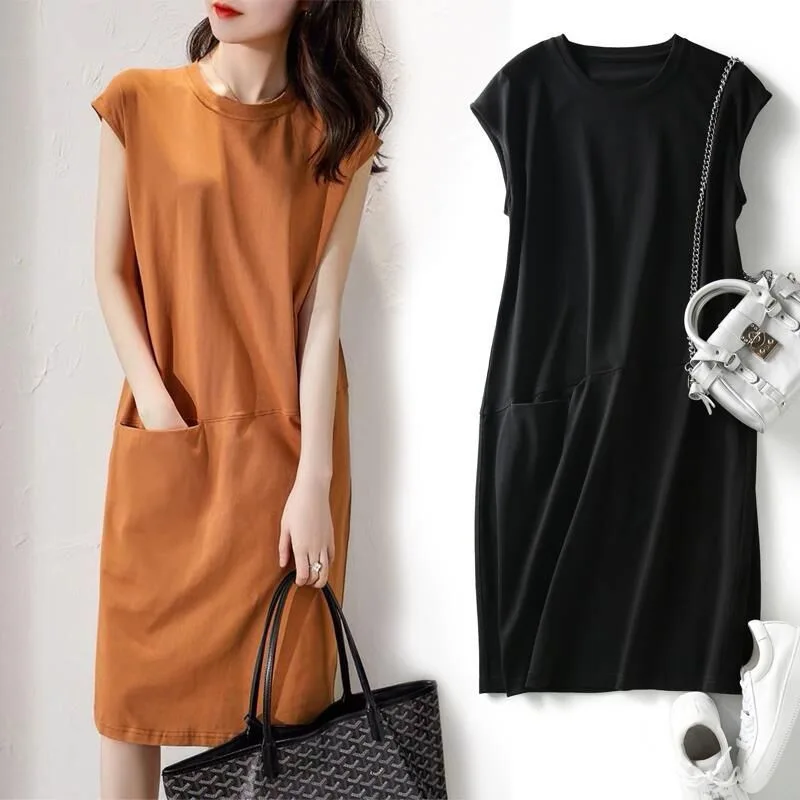

Elegant Casual Sleeveless Solid Dress For Women Slim Long T Shirt Dress Spring Summer Fashion Pure Color Bodycon Maxi Dress