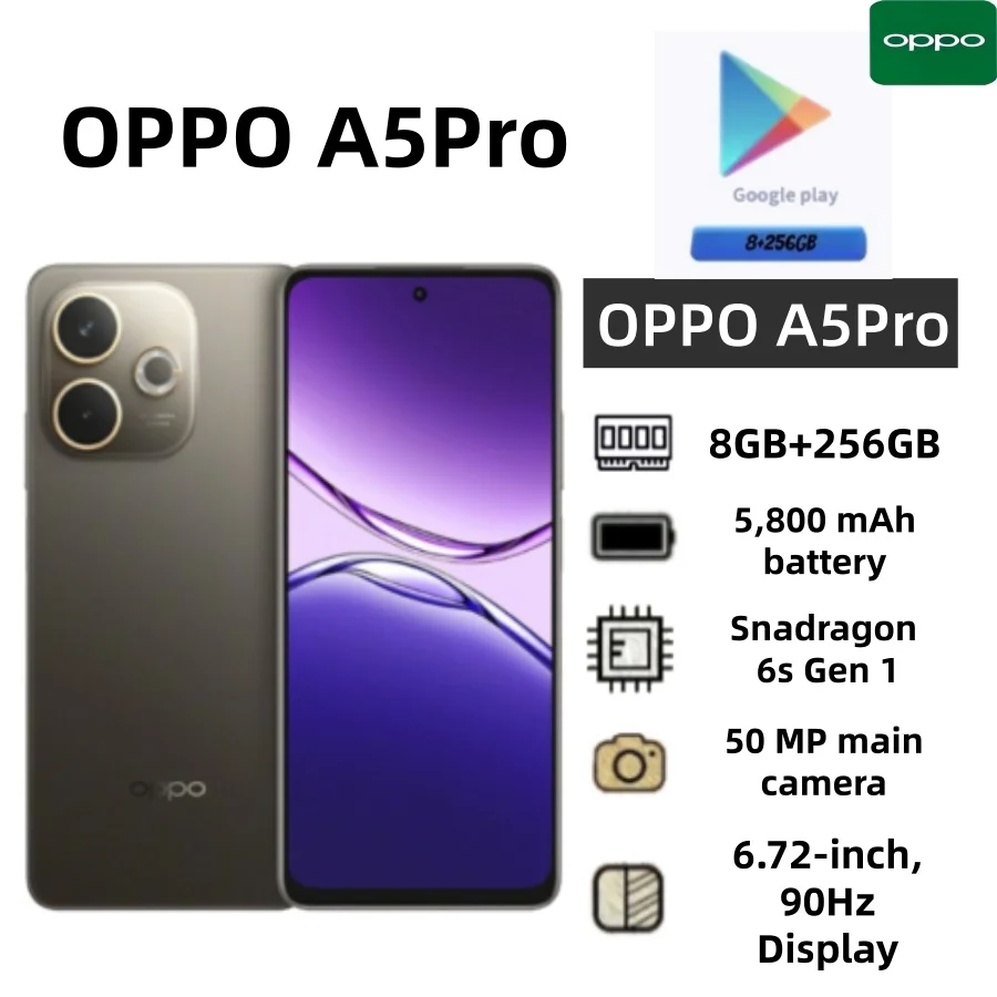 2026 OPPO A5Pro Global Unlocked Android Smartphone 8GB+256GB Large Internal Storage Dual‑SIM 6.5'' HD+ Waterdrop Screen