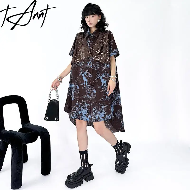 

Tannt Women Dress Irregular Sequin Patchwork Printing Shirt Dresses For Women Asymmetry Fasshion Casual Summer Long Dresses 2025