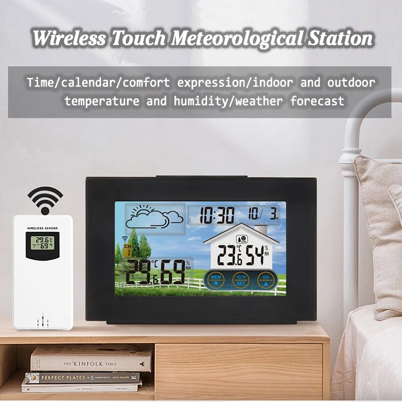 Touch screen Weather Station Digital Alarm Clock with Wireless Sensor Thermometer Hygrometer Barometer Weather Forecase Station