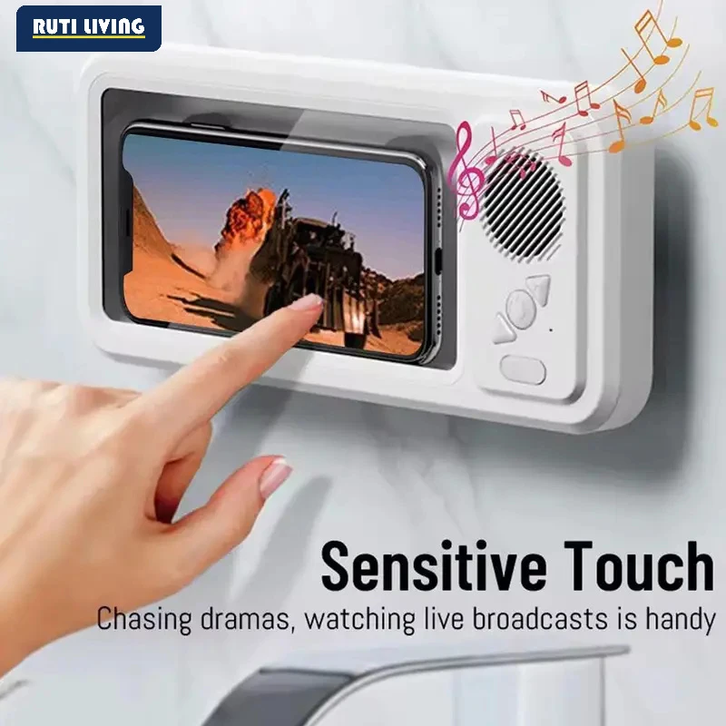 IPX68 Waterproof Shower Phone Holder with Bluetooth Speaker Hands-Free Call Music Play Bathroom Phone Stand for All Smartphones