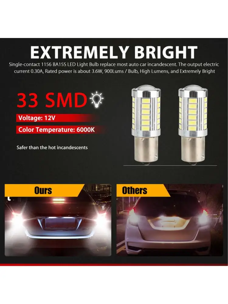 2x 1156 33SMD LED Tail Brake Stop Backup Reverse Turn Signal Lights Bulbs White 1157,7440,7443,3156,3157 BASE