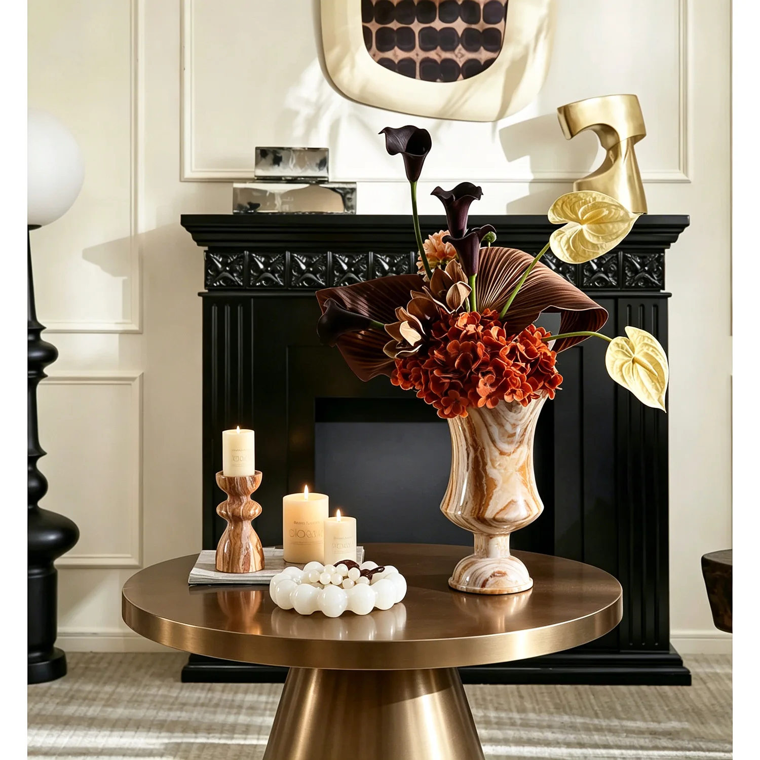 Light luxury medieval art marble vase modern urban light luxury living room high-end flower arrangement large flower device