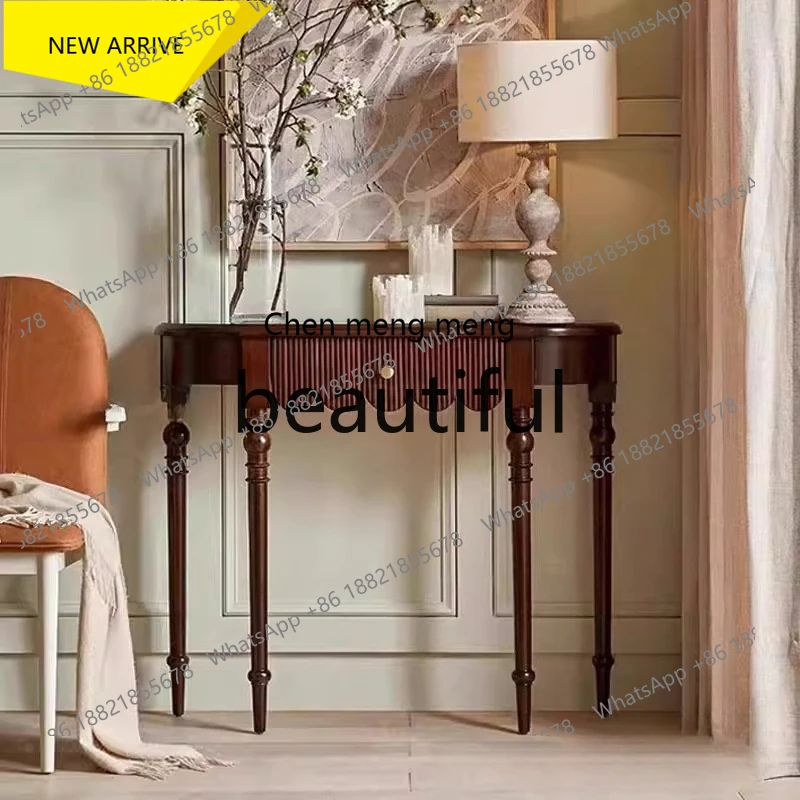 

X M132 Retro solid wood entrance table, semi-round entry, black narrow decorative cabinet against the wall, entrance table