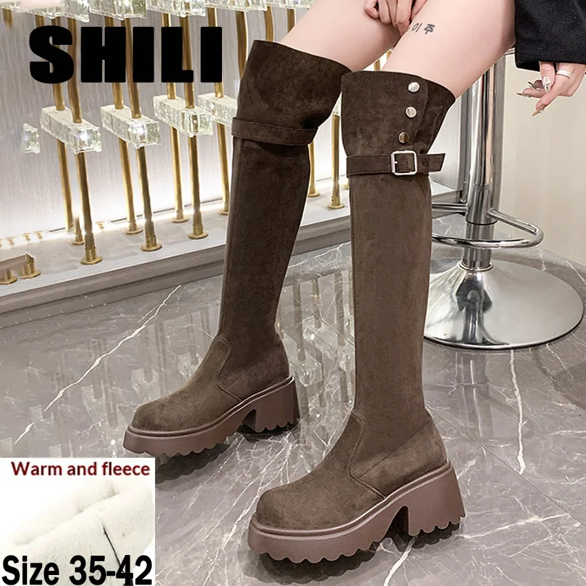 Bottes plateforme en daim pliables 2-en-1 pour femme, au-dessus du genou, à talon épais, style équestre, automne-hiver