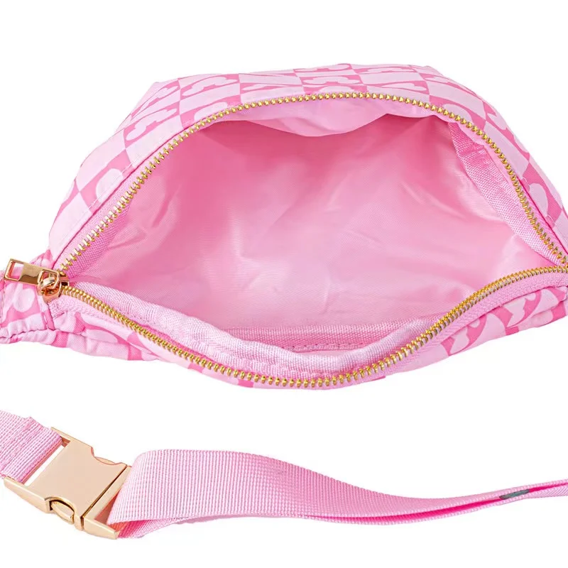 Women's cartoon pink nylon messenger bag, multifunctional waist bag, women's leisure outdoor sports, waterproof , fashi