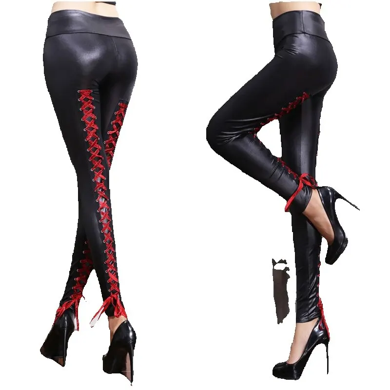 

Lady creative spring and autumn big size high waist elastic imitation leather pants sexy carry buttock cross strap strap legging