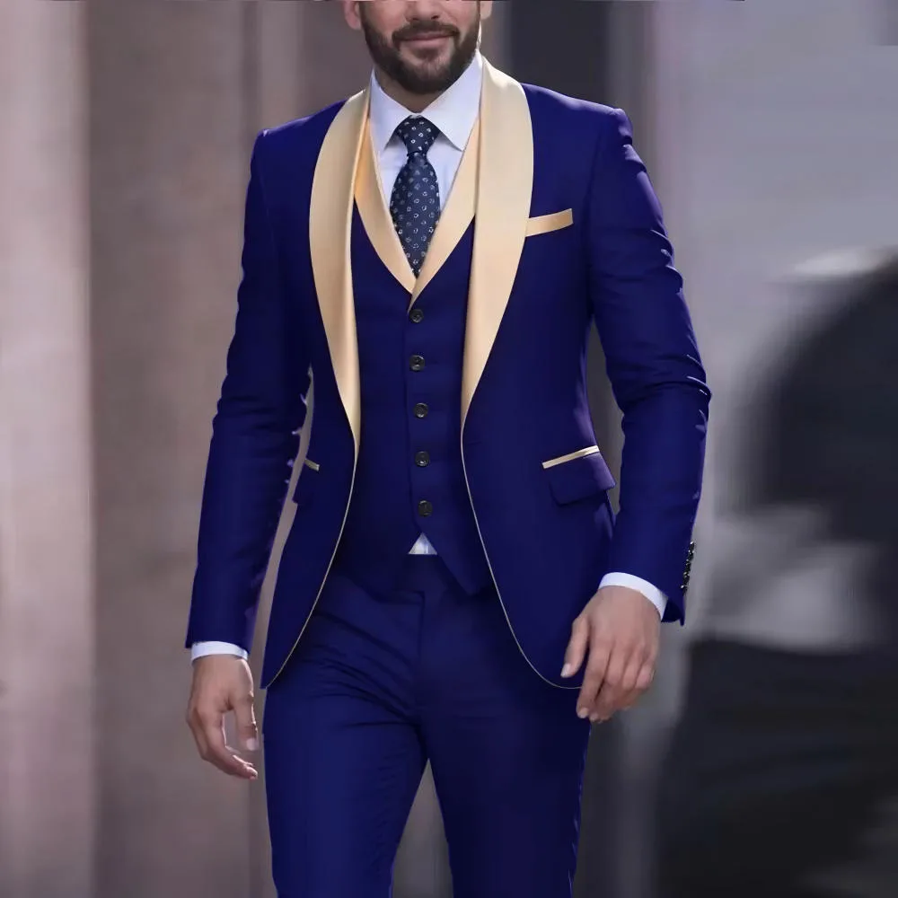 

Navy Blue Suits for Men Wedding 3 Pieces Set Jacket Vest Pant Gold Shawl Lapel Tuxedos for Groomsmen Business Prom Party Blazer