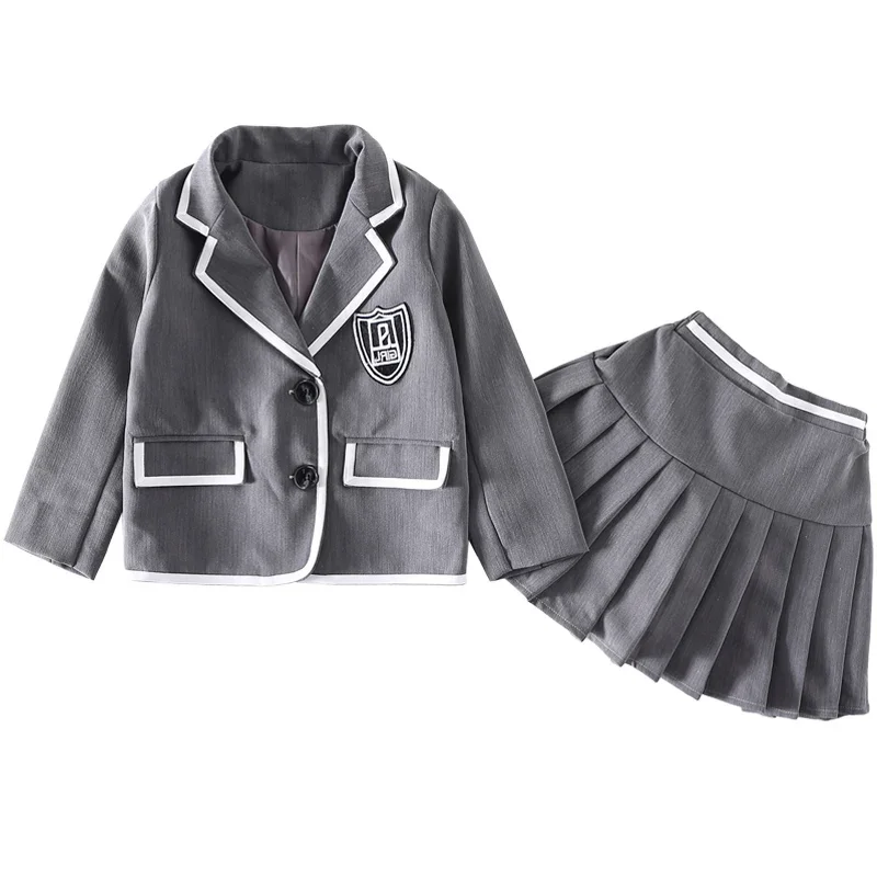 Girls Clothes Set Gray School Formal Western Suit Pleated Skirt For Uniforms For 4 5 6 7 8 9 10 11 12 Years Kids Girls Outfit
