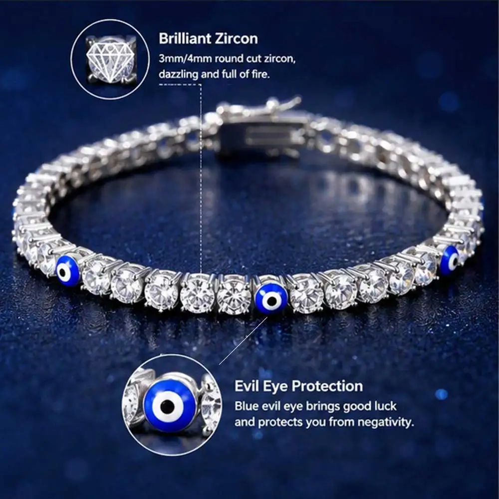 ESKEEM New Arrival Turkish Blue Devil Eye Bracelet Cubic Zirconia Iced Tennis Bracelets Fashionable 18K Gold Plated Jewelry