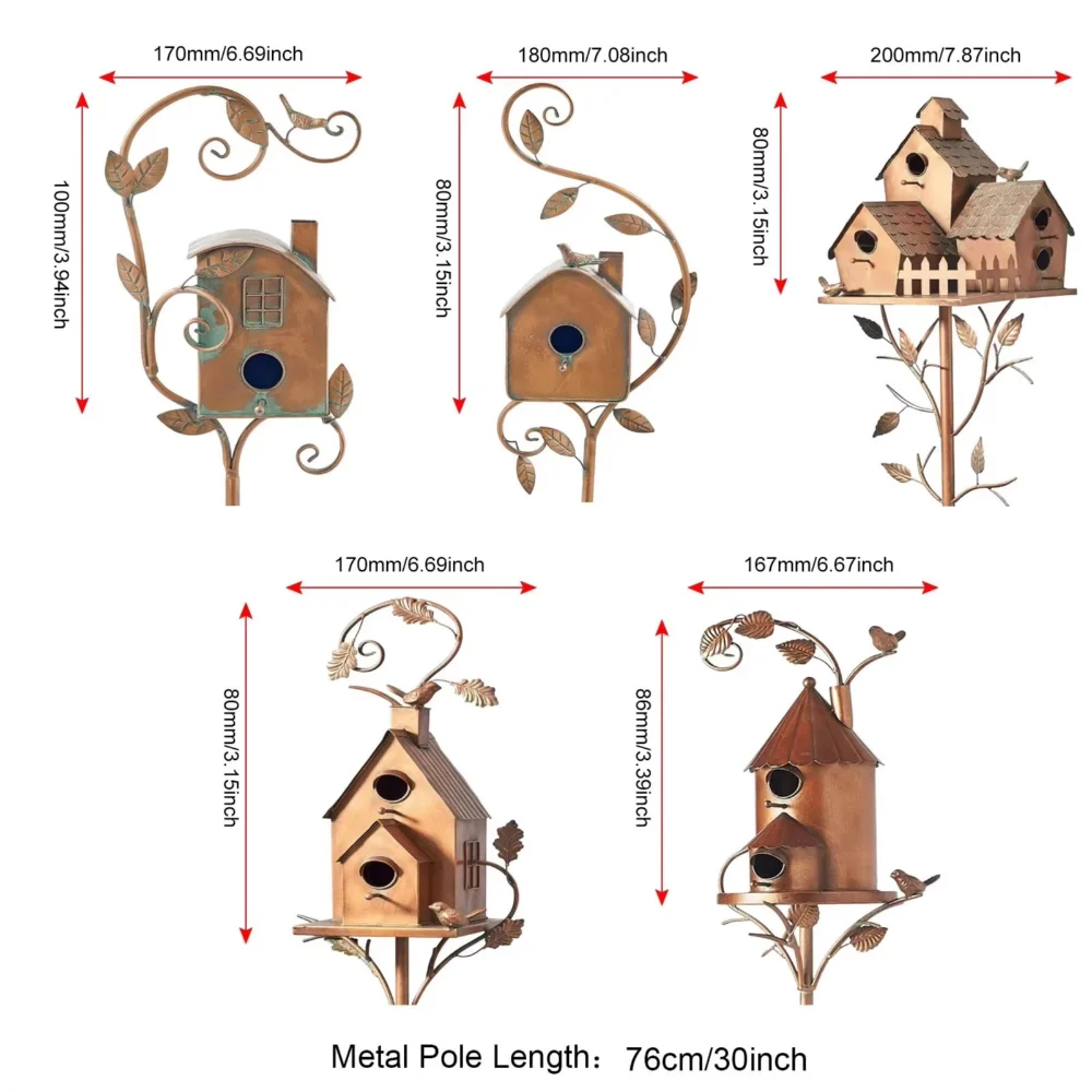 Metal Art Cottage Reasonable Structure Rust Proof Stylish Cottage Bird House Stakes Easy To Assemble With Pole For Patio