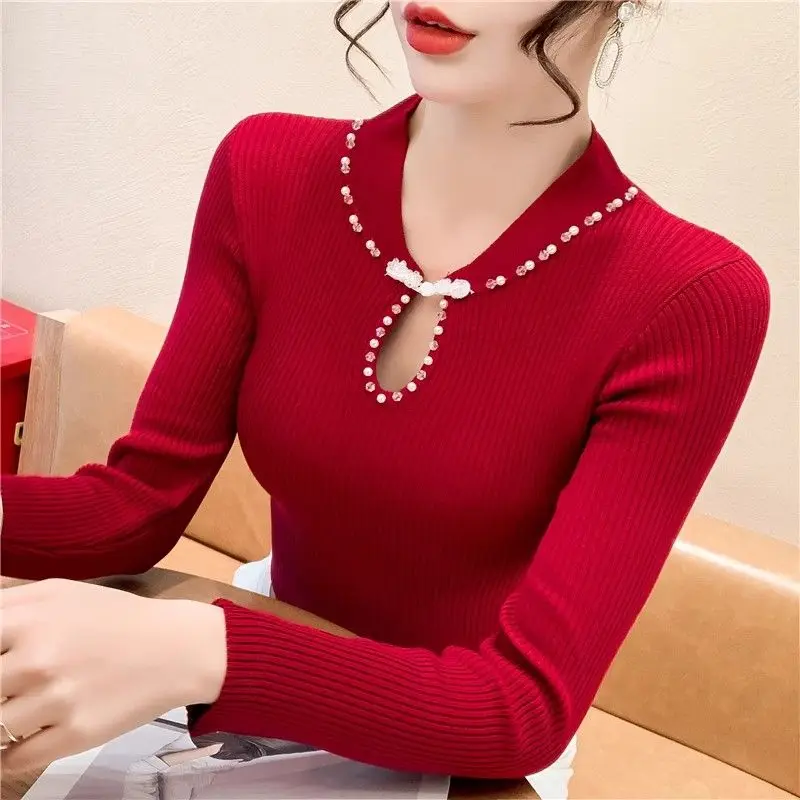 Knitting Bottoming Shirt Female Autumn Winter Fashion Slim Solid Color Long Sleeve Sweater Ladies Simplicity Hollow Out Top Tee