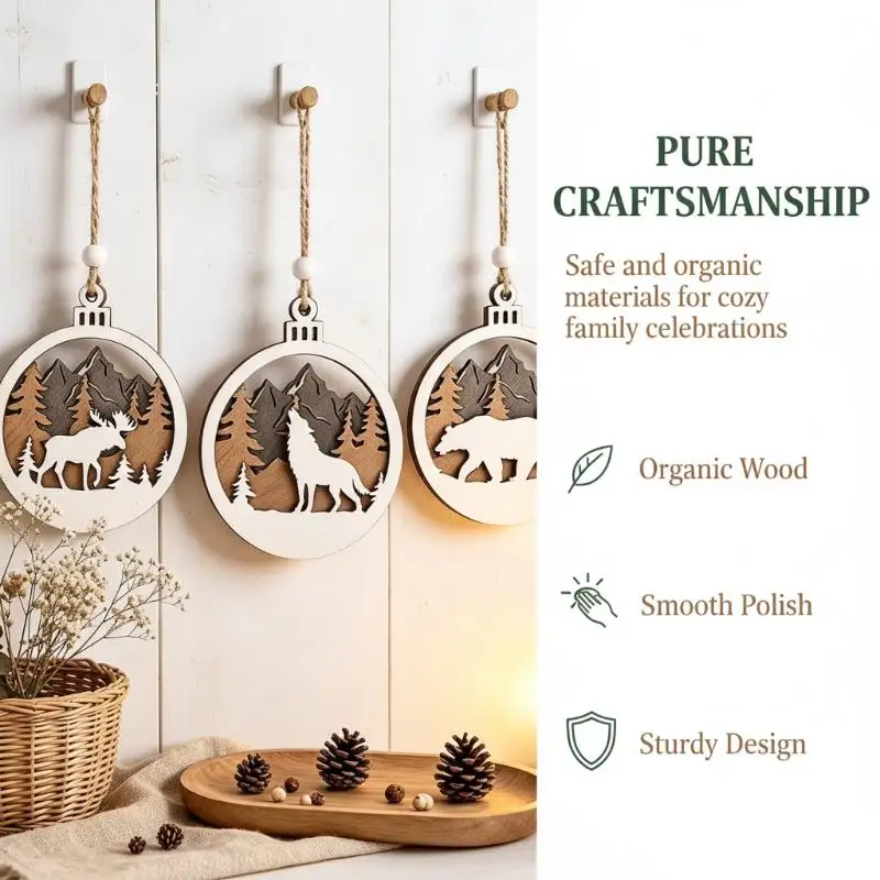 Rustic Wildlife Wood Cutout Hanging Decor Layered Hollow Mountain Bear Wolf Elk Bauble Winter Holiday Tree Decoration