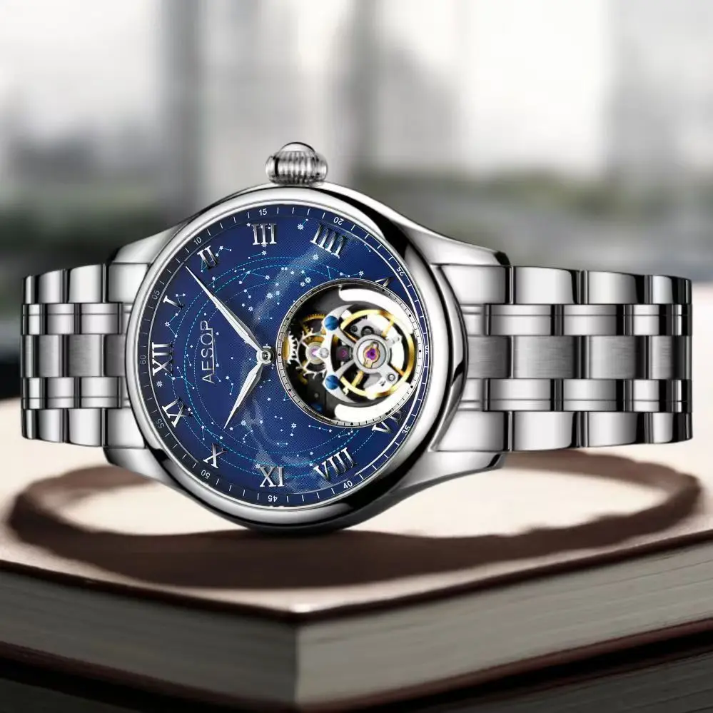 ساعة ايسوب الأصلية توربيون الميكانيكية اليدوية للرجال السماء المرصعة بالنجوم الكلاسيكية العصرية للأعمال