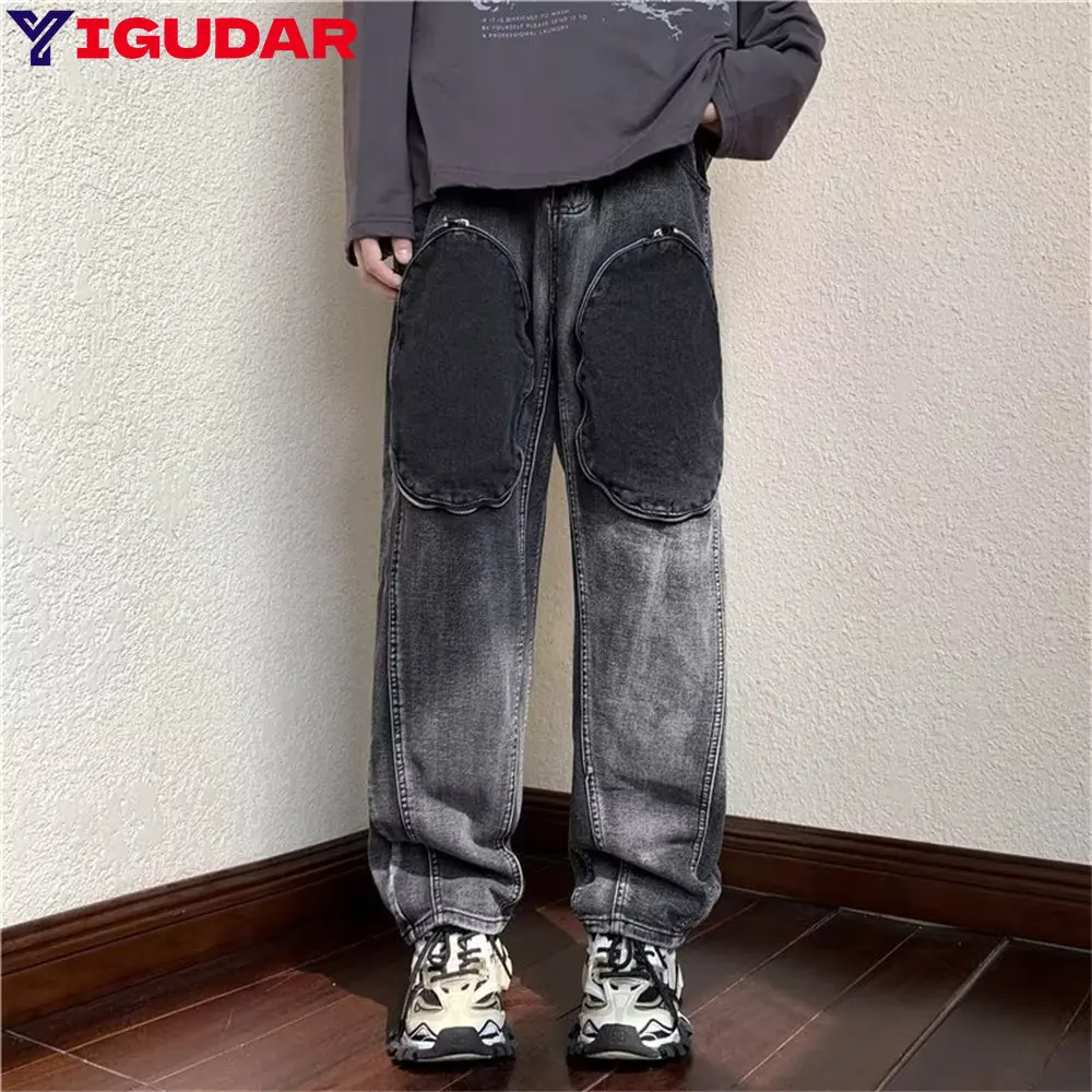 

Embroidered patch hole straight jeans men and women stitching jogging pants trend loose wide leg hip hop trousers hot sale ins