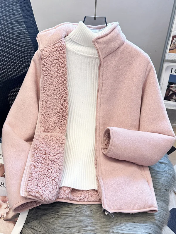 Women's Thickened Short Plush Jacket Stand Collar Warm Top Fashionable Autumn Winter New Arrival Casual Loose Fit Zipper Closure