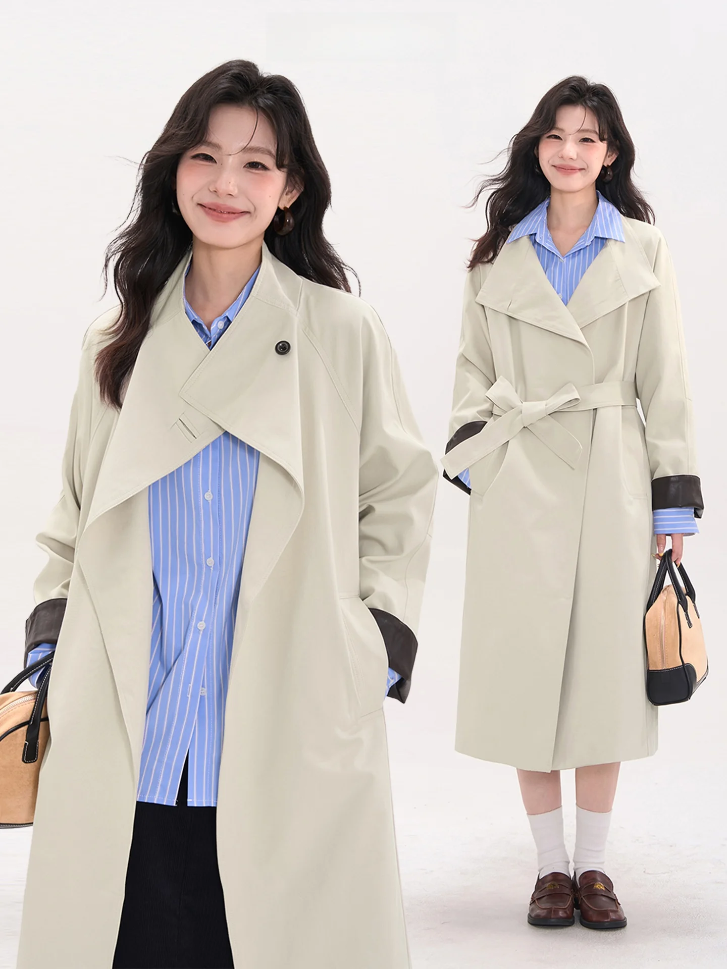 

London High Street Sle Loose Long Women's Windbreaker Coat with Color Blo Sve Caps PU Leather Cotton Korean Version