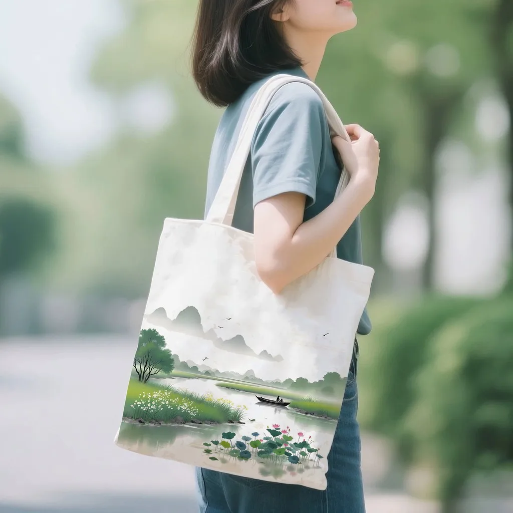 Eco Friendly Canvas Shoulder Bag Women Vintage Chinese Ink Painting Reusable Grocery Tote Casual Travel Handbag Aesthetic Gift