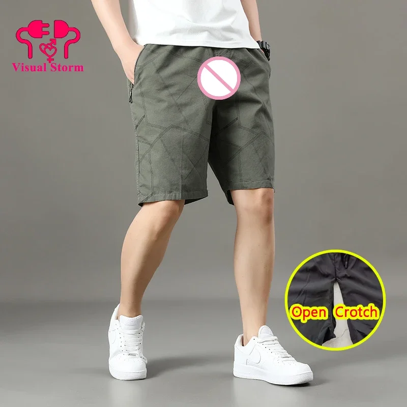 

6XL Mens Sexy Open Crotch Pants Sissy Breathable Half Pants Elastic Waistband Hidden Zippers Outdoor Crotchless Pockets Shorts