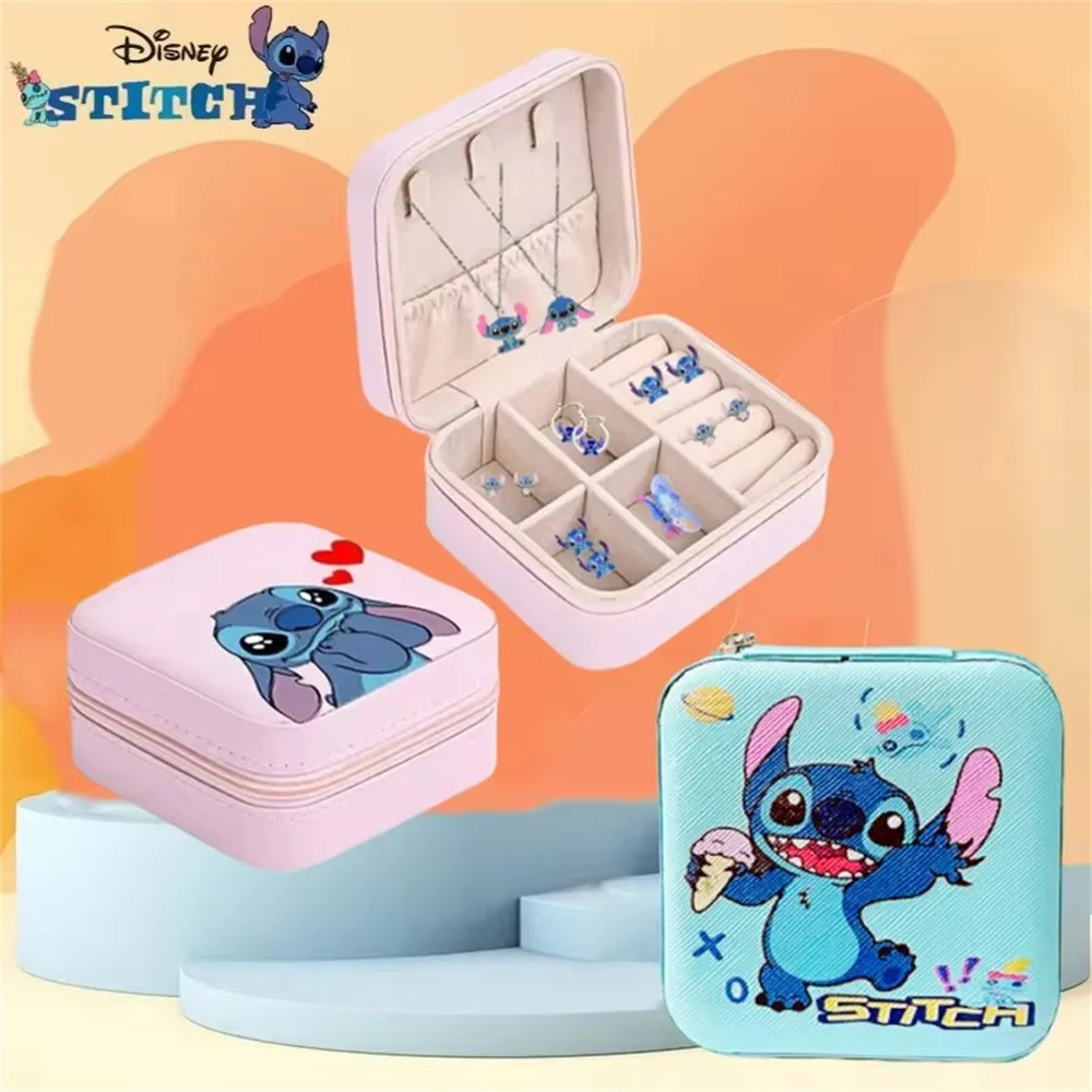 Disney Stitch Portable Mini Jewelry Storage Box Travel Organizer Jewelry Case Leather Earrings Necklace Ring Jewelry Storage Box