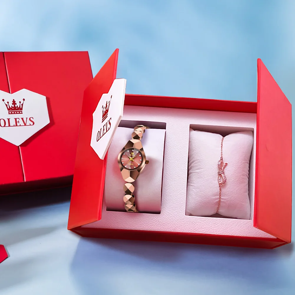 OLEVS 7007 ساعات السيدات الأصلي كوارتز ساعة اليد المعين مرآة الماس مقياس التنغستن الصلب ساعة للنساء سوار مجموعة