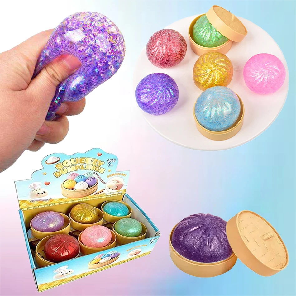 

Hot Giant Glitter Dumpling Squishies With Bamboo Steamer Blind Box Stress Relief Squeeze Toys Adults Kids Creative Gifts