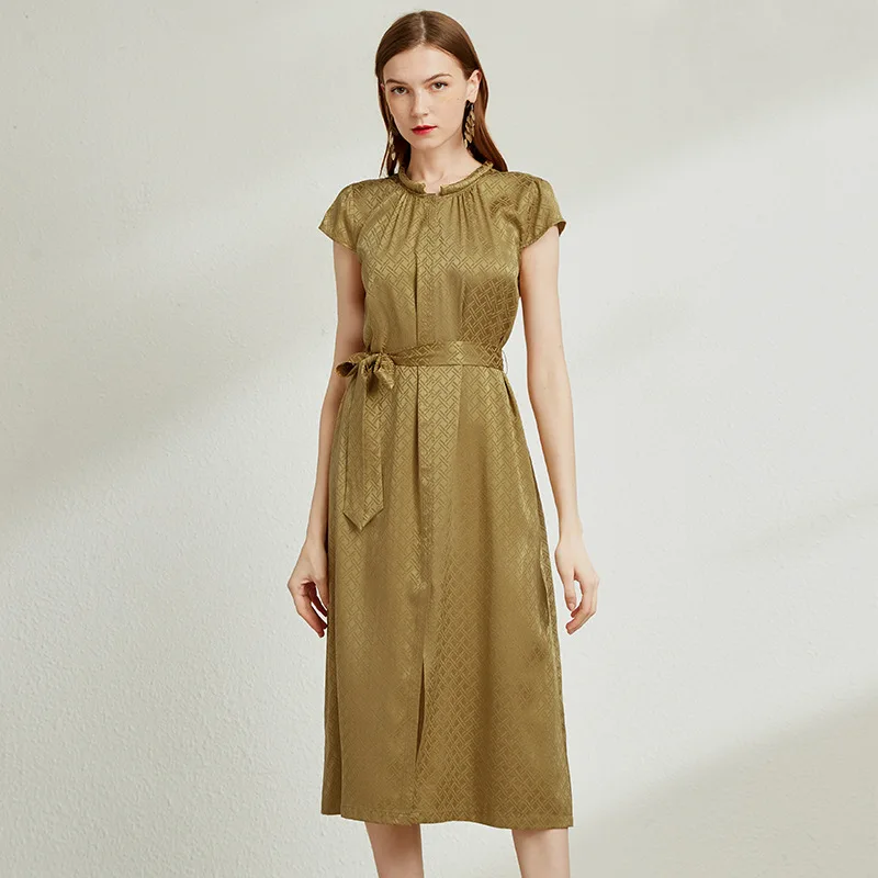Birdtree 100% echte Seide Crêpe elegante Kleider Gürtel Kurzarm Plaid Slim Fit Party kleid für Frauen Sommer Herbst neue d3n264qm