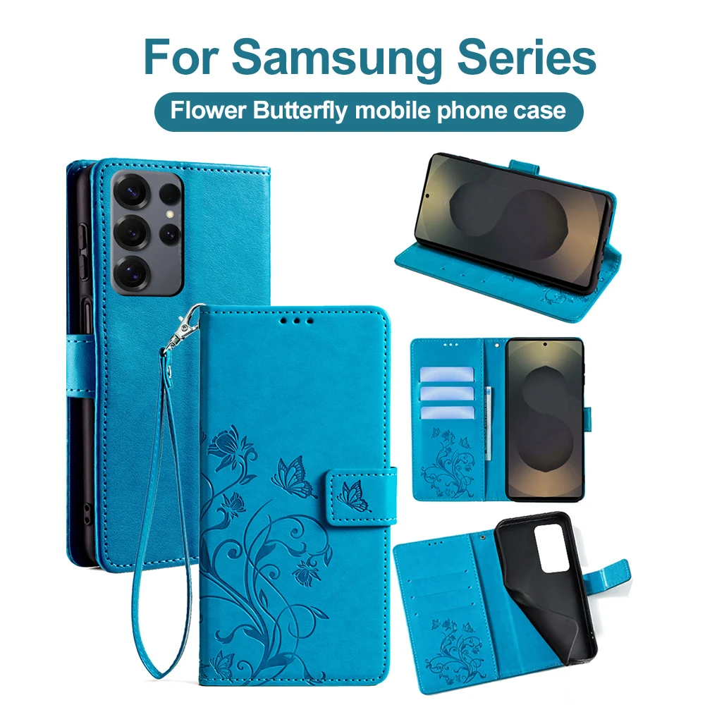 Butterfly Multi‑Function Zipper Wallet Phone Case For Samsung S26 Ultra S26 Puls S21 A57 A37 A17 M55 M54 PU Leather Protective