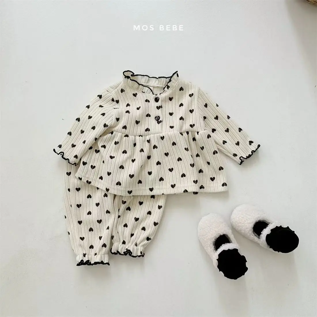 2026 Spring New Baby Girl Heart Print Clothes Set Kids Girls Lace Collar Shirts + Pants 2pcs Suit Cotton Toddler Casual Outfits