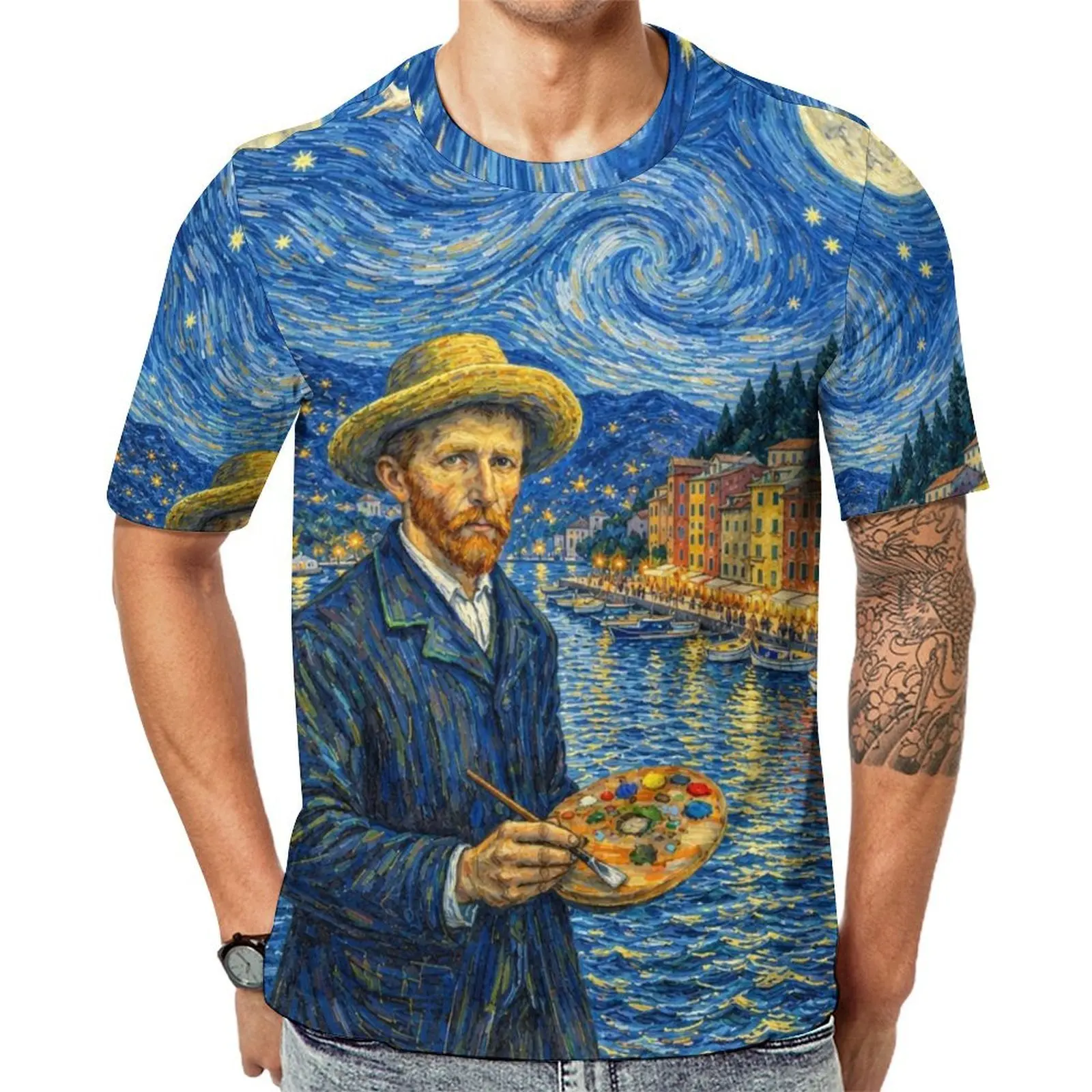 Van Gogh Painter Coastal Harbor View T-Shirt Harajuku T Shirts Short Sleeve Custom Tops Hot Premium Streetwear Plus Size Clothes