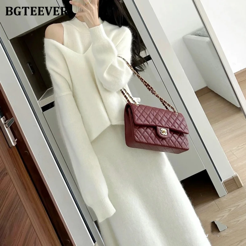 BGTEEVER Elegant Slim Ladies 2 Pieces Knitted Dress Set V-neck Long Sleeve Sweaters Women Sleeveless A-line Dress Autumn Winter