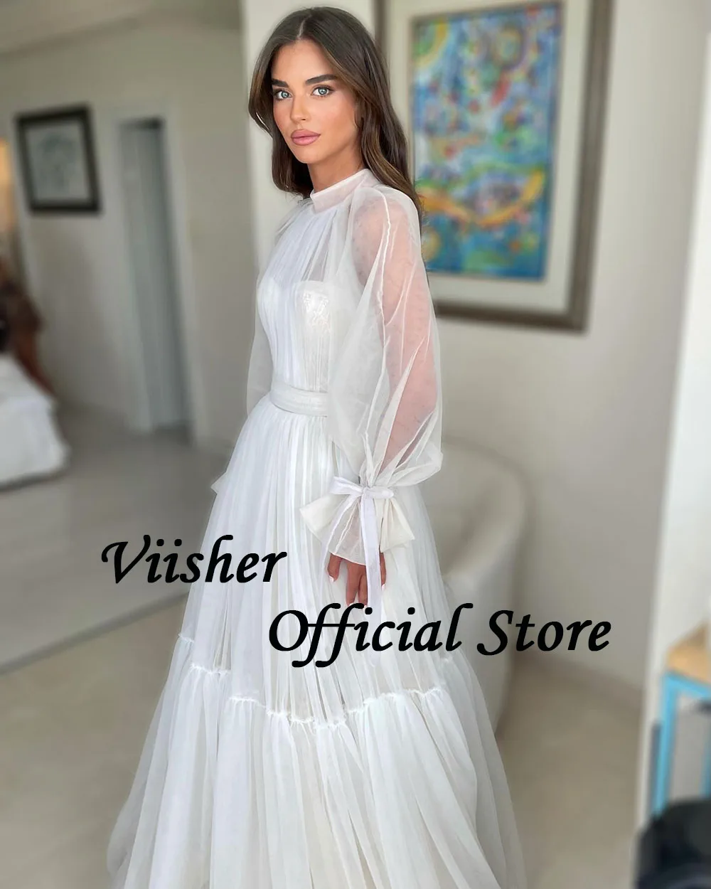 Visher weiß eine Linie Brautkleider Langarm drapiert Tüll elegante Braut Kleid schicke Strand Hochzeit Brautkleider angepasst