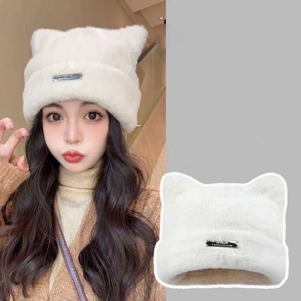 Cute Cat Ears Beanie Hat Warm Streetwear Harajuku Plush Cat Cap Winter Faux Fur Beanie Elastic Knitted Hat Women Outdoor